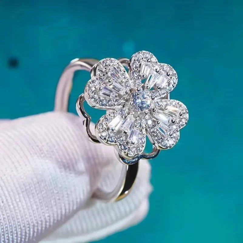 Elegant Flower-Shaped Diamond Ring | Sparkling Silver Jewelry for Women